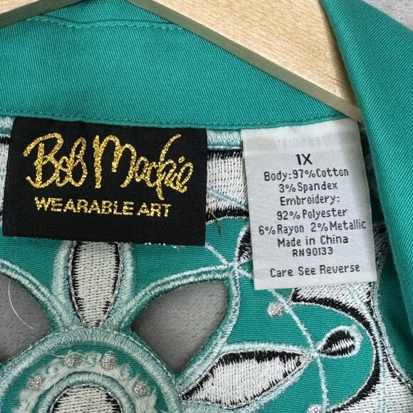 Bob Mackie Wearable Art Jacket Womens 1X Green Embroidered Floral Zip Up Retro - Picture 6 of 12